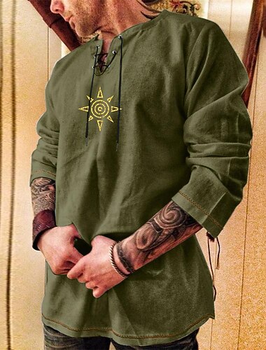  Herren Hemd Hemd aus Baumwollleinen Lässiges Hemd Sonne Party / Abend Maskerade Schwarz Blau Khaki Armeegrün Langarm Rundhalsausschnitt Frühling & Herbst Bekleidung mit Schnürung