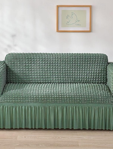  Funda de sofá, funda de futón, fundas plisadas de seersucker de color sólido con falda de sofá
