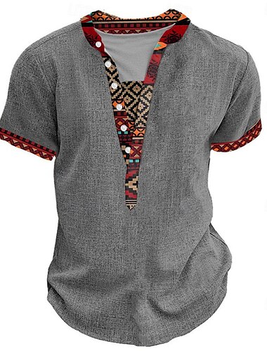  Herren Stammes Bandana-Print T Shirt Henley Hemd Kurzarm 3D-Druck Designer Ethnisch Urlaub Lässig Täglich Sommer Frühling Heather Grey Khaki Schwarz Grau Henley Henley T-Shirt