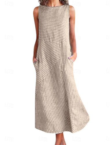  Damen Midikleid Baumwoll-Leinen-Kleider Freizeitkleid Sommerkleid Mode Modern Täglich Wochenende Lässiger Schnitt Gestreift Ärmellos Rundhalsausschnitt Schwarz Blau Grün Kaki Sommer Frühling