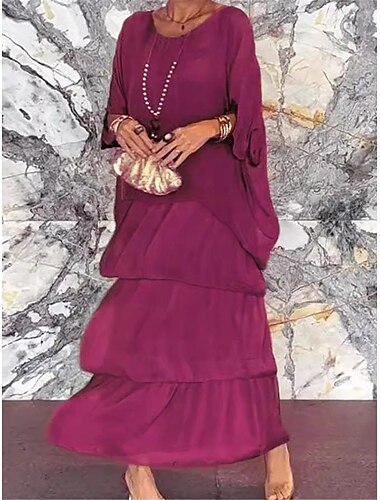  Vestido de gasa para mujer, estampado floral con volantes, cuello redondo, vestido largo elegante para fiesta de boda, manga 3/4, verano