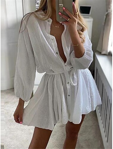  Damen Weißes Kleid blusenkleid Minikleid Verabredung Urlaub Leinen Basic Brautkleider schlicht Ständer Taste Langarm Sommer Frühling Regular Fit Glatt