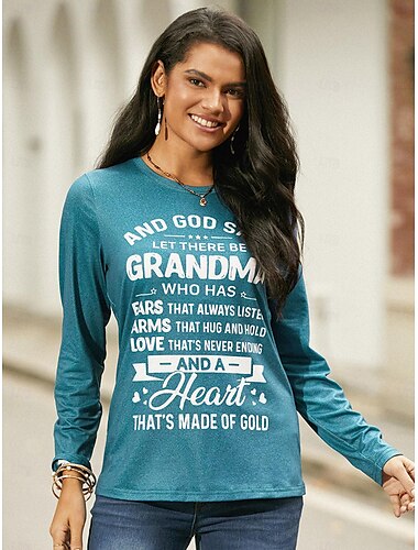  Damen T-Shirt modischer Buchstabendruck Langarm normale Oberteile Rundhalsausschnitt Alltag Wochenende Rosa Blau Grün Grau Frühling&amp;  fallen