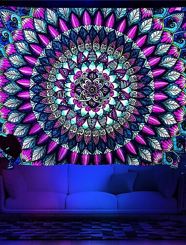  Tapisserie à lumière noire réactive aux UV qui brille dans le noir, décoration murale suspendue, style mandala, bohème, psychédélique, trippant, brumeux, pour salon, chambre à coucher
