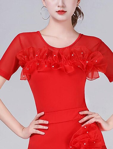  Latindans Ballroom-dans Topp Ren Farge Rynker Tvinning Dame Ytelse Trening Kortermet Høy Polyester