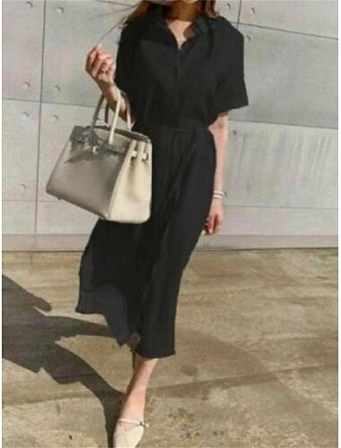 Damen Schwarz Weiß Kaki Sommer Frühling Maxidress Weißes Kleid blusenkleid Baumwoll-Leinenkleid Basic Modern Brautkleider schlicht Täglich Wochenende Lockere Passform Glatt Hemdkragen