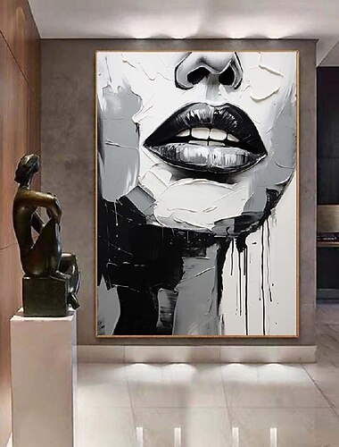  黒と白のテクスチャーのある女性の絵画、手描きの眠れる森の美女の油絵、壁アート、抽象的な顔の絵画、パレットナイフで描かれた女の子の女性の顔の絵画、リビングルームの壁の装飾アート