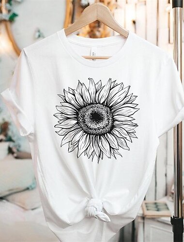  Damen T-Shirt modisch mit Sonnenblumen-Print, kurzärmlig, normale Oberteile, Rundhalsausschnitt, Urlaub, Wochenende, weiß, gelb, rosa, grau, Sommer