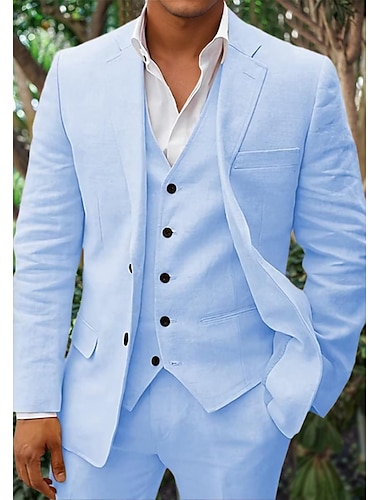  costumes en lin pour hommes costumes d'été de mariage de plage couleur unie 3 pièces coupe ajustée simple boutonnage deux boutons beige bleu ciel blanc 2024