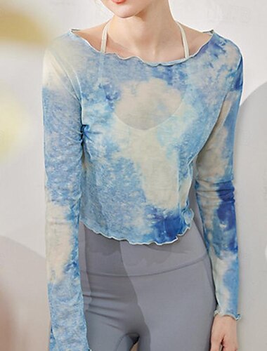  Damen Yoga Top U-Boot-Ausschnitt Schnelltrocknend Leicht Atmungsaktiv Netz Langarm Sport Batik Oberteil Für Laufen Fitness Yoga Lässiger Schnitt Sportkleidung