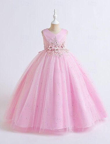 Enfants Fille Robe de demoiselle d'honneur Robe Robe de fête Couleur unie Sans Manches Utilisation Mariage Soirée Brodée Princesse Doux Polyester Maxi Robe Trapèze Eté Printemps 3-13 ans Rose Claire