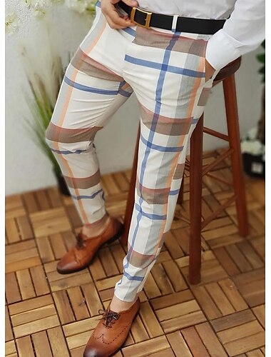  Men's Joggers Trousers Chinos Chino Pants Plaid Dress Pants Pocket Plaid Comfort Breathable Daily Holiday Going out Streetwear Stylish White & Blue Blue