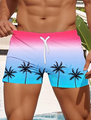  coconut tree gradient färg badshorts herr badbyxor boxershorts hawaiianska sidfickor dragsko elastisk midja andas mjuk kort surfsemester strand modedesigner kläder