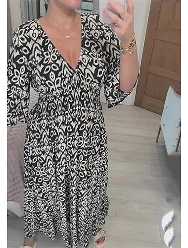  Damen Freizeitkleid Blumendruck V-Ausschnitt Langes Kleid Maxikleid Ethno Casual Alltag Urlaub 3/4 Ärmel Sommer