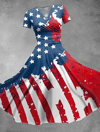  Amerikaanse Vlag Swing Jurk Flare Jurk Volwassenen Dames Cosplay Carnaval Onafhankelijkheidsdag 4 juli Makkelijk carnavalskostuum