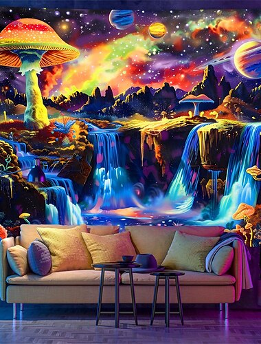  Tapisserie à lumière noire réactive aux UV qui brille dans le noir, fête, néon, galaxie, univers, champignons, psychédélique, trippant, brumeux, tapisserie suspendue, art mural pour vivre