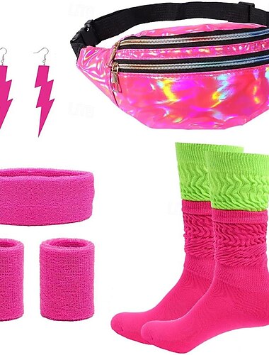  Retro Antiguo Disco Años 80 Accesorios Tutu Riñonera reina Chica fiestera de los 80 Mujer Mascarada Despedida de Soltera Desfile del orgullo Mes del Orgullo Adulto Pulsera Calcetines Maleta