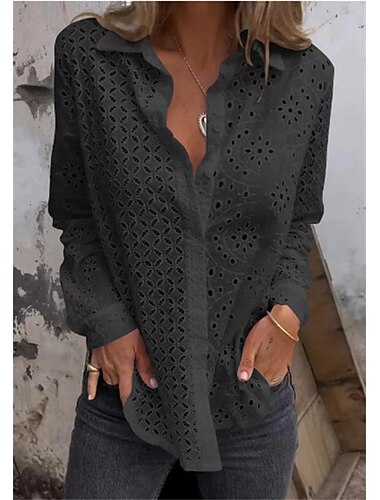  Blusas Elegantes de Encaje Blanco para Mujeres Blusa de Ojal Sencilla Camisa de Moda Corte de Botón Estilo Callejero Uso Diario Romántico Petite Ropa de Verano y Vacaciones Negro Blanco Rojo