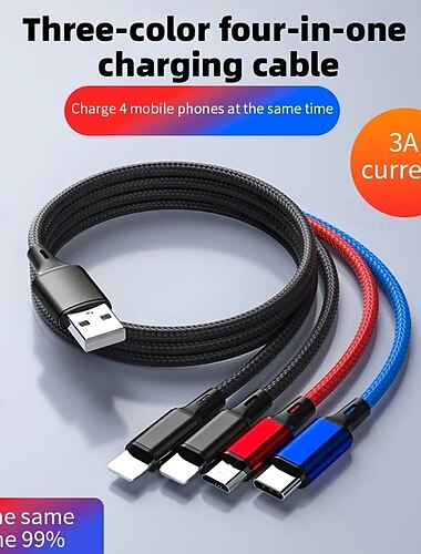  4 in 1 usb-kabel voor iphone 3 in 1 usb a naar micro usb/type c/8 pin oplader kabel 3a snel opladen cabl voor huawei samsung xiaomi