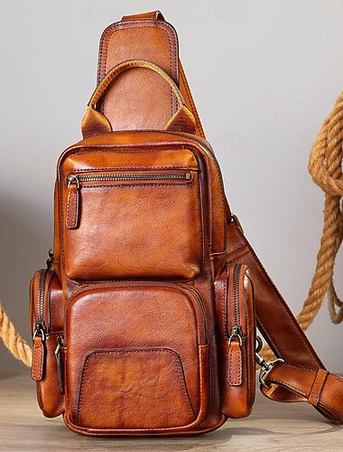  Borsa a tracolla vintage in pelle da uomo con multitasche – borsa a tracolla casual da viaggio per lavoro, escursionismo o uso quotidiano