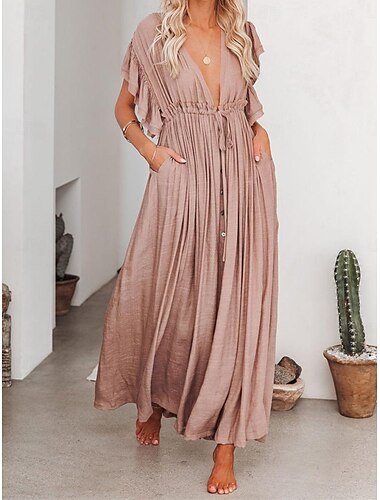  Damen Maxikleid Leinen-inspirierte Kleider Weißes Kleid Schwingkleid Sommerkleid Streetwear Maxi Basic Urlaub Ferien Strand Lässiger Schnitt Kurzarm V Ausschnitt Schwarz Weiß Khaki Beige Sommer