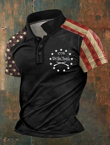  4. Juli 2026 250. Herren Amerikanische Flagge Veteranen Poloshirts Golfshirt Kurzarm Polo-Shirts Hemden mit Kragen Streetwear Urlaubskleidung Party-Outfits 3D-Druck Knöpfe Sommer Frühling Schwarz
