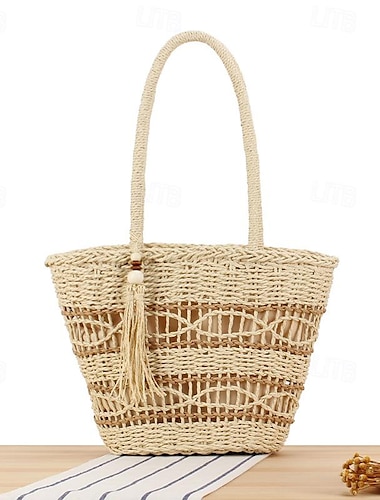  Damen Stoffbeutel Schultertasche Strohsack Stroh Täglich Festtage Strand Quaste Hohe Kapazität Webfaser Kamel Beige