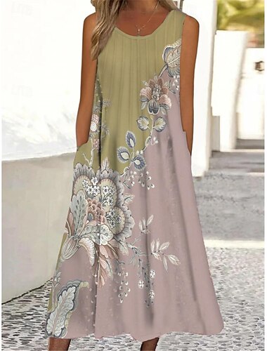  Damen Maxikleid Tank Kleid Ombre Floral Taschen Druck Rundhals Midi Kleid Alltag Urlaub Ärmellos Sommer Frühling
