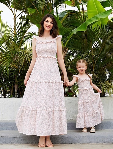  mor datter sommer løse kjoler ermeløse blomster volanger strand uformelle kjole mamma mamma og meg familie matchende antrekk
