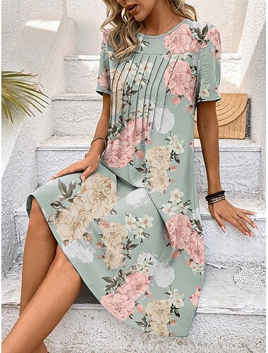  Frauen Mini Kleid Blumenmuster Rundhals Kurze Ärmel Sommer