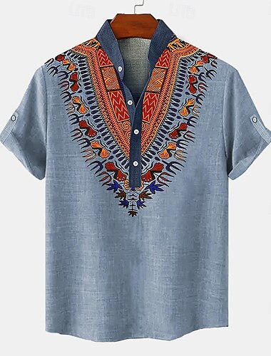 Voor heren linnen overhemd Henley-shirt retro-overhemden Vintage overhemd Etnisch shirt Etnisch Vakantie Dagelijks blauw Groen Khaki Korte mouw Mandarijn Kraag Zomer Lente Kleding Afdrukken