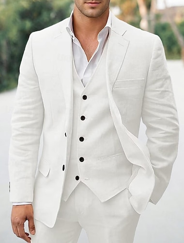  bílé pánské svatební lněné obleky jednobarevné 3dílné střihové jednořadé dvouknoflíčky 2024