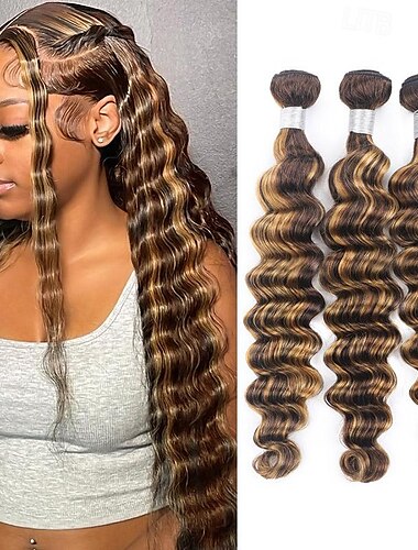  300g p4 / 27 Highlight lose tiefe Welle Bündel 10-28 Zoll Honigblond braun gefärbte menschliche Haarwebart Bündel 3 Stück