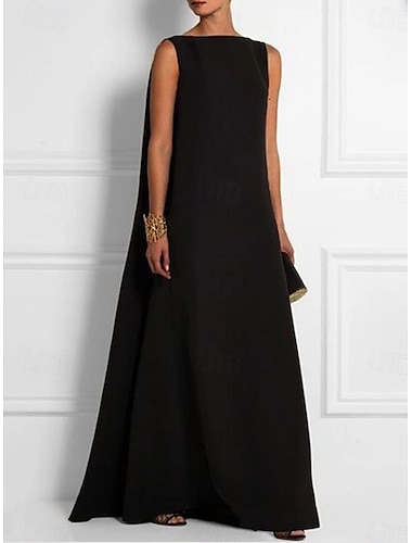  Damen schwarzes kleid Maxidress Drapiert Party Elegant Vintage Rundhalsausschnitt Ärmellos Schwarz Farbe