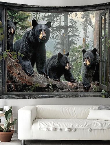  Wandteppich Fenster Tiere Bär hängen Tapisserie Wand Kunst große Tapisserie Wandbild Dekor Fotografie Hintergrund Decke Vorhang Haus Schlafzimmer Wohnzimmer Dekoration