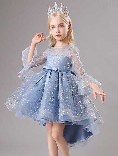  kinderkleidung Mädchen Party Kleid Feste Farbe Halbe Ärmel Leistung Gitter Prinzessin Süß Gitter Mitte der Wade Etuikleid Tüll-Kleid Sommer Frühling Herbst 2-12 Jahre Wein Staubiges Blau