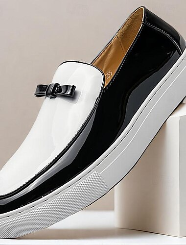  pánské černo-bílé lakované mokasíny z umělé kůže s mašlí – stylové slip-on společenské boty na formální události a večírky