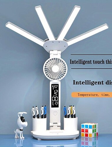  LED-Schreibtischlampe mit 4 Lüfterköpfen – augenschonend, wiederaufladbar, intelligent, einstellbare Helligkeit für Schüler – perfektes Lesen &Arbeitslicht, platzsparendes Design für Schlafzimmer &