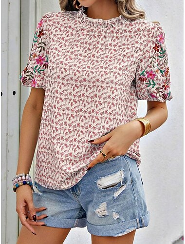  Damen Hemd Bluse Casual Blumendruck Kurzarm Normal Oberteile Rundhals Alltag Schwarz Rosa Blau Grün Sommer