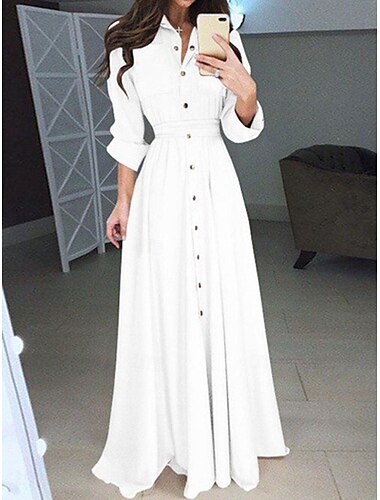  Women's White Dress Maxi Dress Lace up Button Date Vacation Streetwear Maxi Stand Collar Long Sleeve Black White Red Color