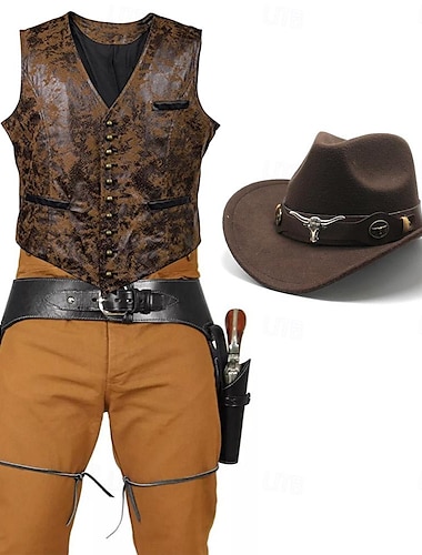  Retro Vintage século 18 século 19 Colete Chapéu de caubói Coldre Cowboy do Oeste Côr Sólida Homens Carnaval Baile de Máscaras Carnaval Festa / Eventos Mascarilha Adulto Colete Chapéu Primavera Outono