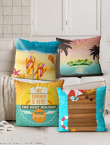  Dekorativer Kissenbezug mit Strand- und Sommermotiv, 4-teilig, weicher, quadratischer Kissenbezug für Schlafzimmer, Wohnzimmer, Sofa, Couch, Stuhl