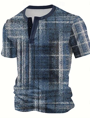  Męskie Graficzny Kolorowy blok Koszula waflowa Krótki rękaw Druk 3D Urlop Moda Urlop Codzienny Święto Lato Wiosna Ciemnoniebieski Henley Koszulka Henley