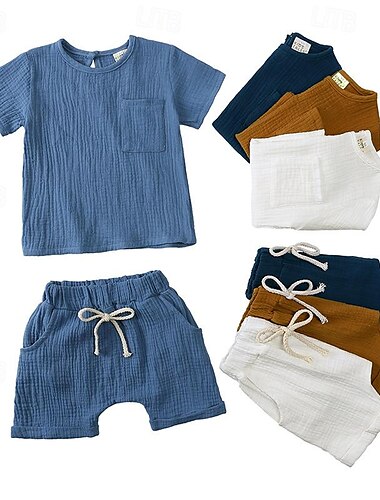  2 stk t-skjorte for små gutter & shorts antrekk ensfarget kortermet sett skolemote sommer vår 3-7 år