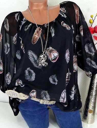  Damen Boho Bluse Federdruck Langarm V-Ausschnitt Krawattenbänder fließendes Top weiß braun lässig Strand Festivalmode entspannte Passform Frühling Sommer Kleidung