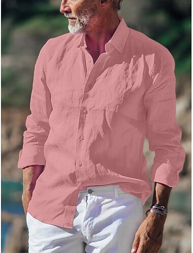  Hombre Camisa camisa de lino Camisa de verano Ropa de playa Abotonar la camisa Plano Vacaciones Maldición Negro Blanco Rosa Azul Piscina Manga Larga Cuello Primavera verano Ropa