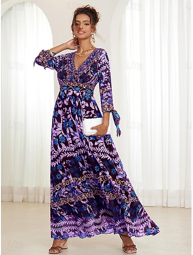  Damen Boho Maxikleid V-Ausschnitt Langarm Blumenmuster Gürtel vorne Schlitz marineblau rosa heller Hintergrund Frühling Sommer Strand Party lässig feminin volle Größen