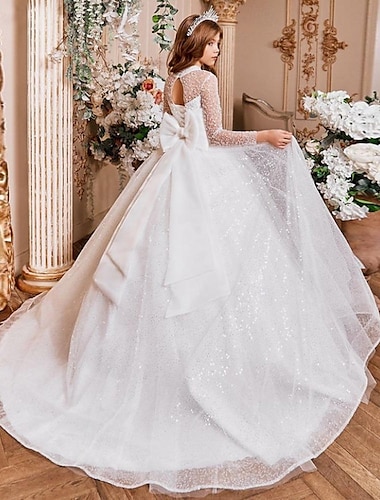  子供 女の子 フラワーガールドレス パーティードレス 純色 長袖 性能 結婚式 パーティー メッシュ プリンセス 甘い メッシュ ミディ シースドレス チュールワンピース 夏 春 秋 2〜12年 ホワイト