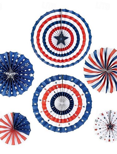  Abanicos de papel con bandera de EE. UU., suministros para fiestas del Día de la independencia, decoración de fondo de pared, abanicos de papel colgantes rojos, blancos y azules, 6 uds.