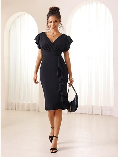  Γυναικεία Φόρεμα εργασίας Μαύρο φόρεμα Μοντέρνα Καθημερινά Μίνι φόρεμα Με Βολάν Λαιμόκοψη V Κοντομάνικο Σκέτο Χαλαρή Εφαρμογή Μαύρο Καλοκαίρι Τ M L XL 2XL